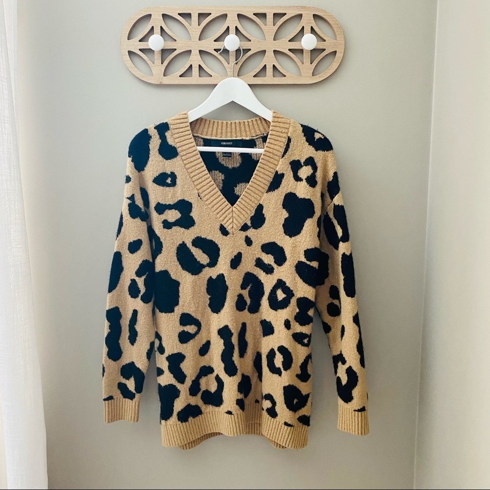Forever 21 Leopard Print V-Neck Sweater Brown/Black Sz Small